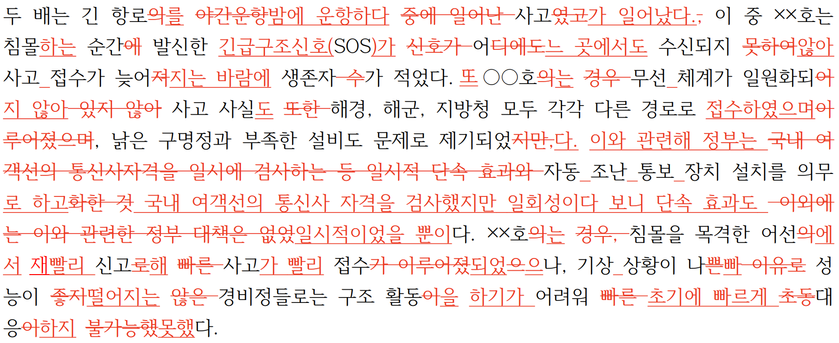 두 배는 긴 항로의를 야간운항밤에 운항하다 중에 일어난 사고였고가 일어났다., 이 중 ××호는침몰하는 순간에 발신한 긴급구조신호(SOS)가 신호가 어디에도느 곳에서도 수신되지 못하여않아사고 접수가 늦어져지는 바람에 생존자 수가 적었다. 또○○호의는 경우 무선 체계가 일원화되어지 않아 있지 않아 사고 사실도 또한 해경, 해군, 지방청 모두 각각 다른 경로로 접수하였으며이루어졌으며, 낡은 구명정과 부족한 설비도 문제로 제기되었지만,다. 이와 관련해 정부는 국내 여객선의 통신사자격을 일시에 검사하는 등 일시적 단속 효과와 자동 조난 통보 장치 설치를 의무로 하고화한 것 국내 여객선의 통신사 자격을 검사했지만 일회성이다 보니 단속 효과도 이외에는 이와 관련한 정부 대책은 없었일시적이었을 뿐이다. ××호의는 경우, 침몰을 목격한 어선의에서 지빨리 신고로해 빠른 사고가 빨리 접수가 이루어졌되었으으나, 기상 상황이 나쁜빠 이유로 성능이 좋지떨어지는 않은 경비정들로는 구조 활동이을 하기가 어려워 빠른 초기에 빠르게 초동대응이하지 불가능했못했다